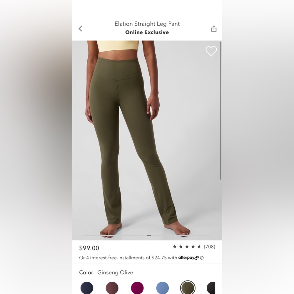 Athleta size small Elation Straight Leg Pant. Olive green.